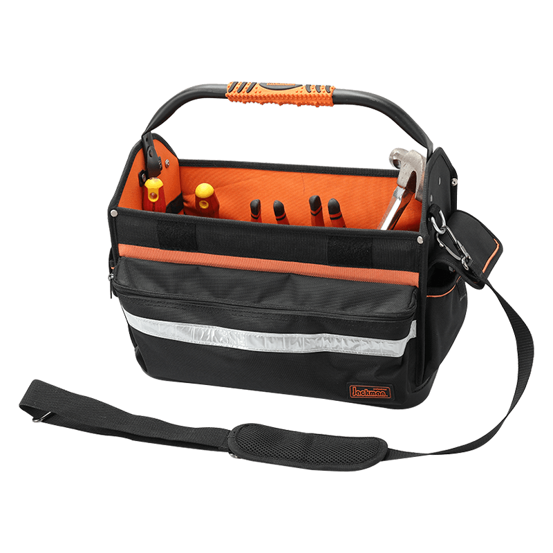 TOTALIZADOR PARA HERRAMIENTAS CON MANGO DE BARRA DE ACERO GIRATORIO DE 16' CON FONDO DE PP IMPERMEABLE, SERIE 600 NEGRO/NARANJA, HECHO DE 1680D JKB-862B14