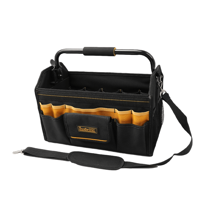 BOLSA DE HERRAMIENTAS PLEGABLE DE 17' CON MANGO DE BARRA DE ACERO GIRATORIO, SERIE 700 NEGRO/AMARILLO, HECHO DE 1680D JKB-85719-17