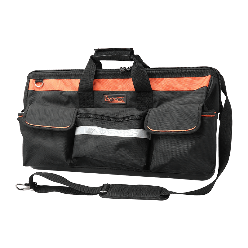 BOLSA DE HERRAMIENTAS CON BOCA DE PUERTA INFERIOR DE PP IMPERMEABLE DE 24' SERIE 600 NEGRO/NARANJA Y TIRA REFLECTANTE, HECHA DE 1680D JKB-86014 24