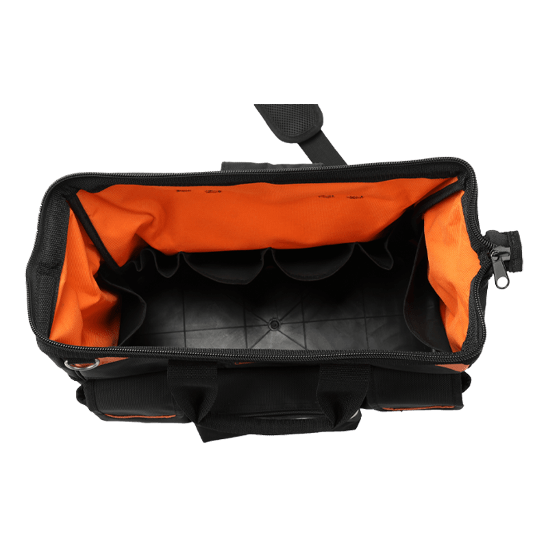 BOLSA DE HERRAMIENTAS CON BOCA DE PUERTA INFERIOR DE 16' A PRUEBA DE AGUA, SERIE 600 NEGRA/NARANJA Y TIRA REFLECTANTE, HECHA DE 1680D JKB-86014 16