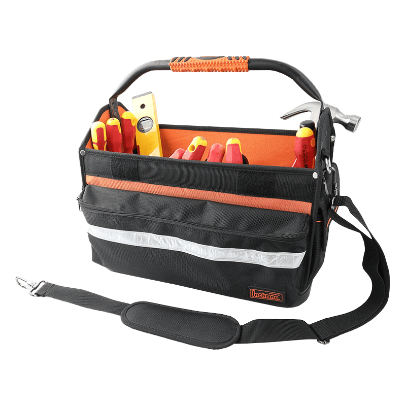 TOTALIZADOR PARA HERRAMIENTAS CON MANGO DE BARRA DE ACERO GIRATORIO DE 16' CON FONDO DE PP IMPERMEABLE, SERIE 600 NEGRO/NARANJA, HECHO DE 1680D JKB-862B14