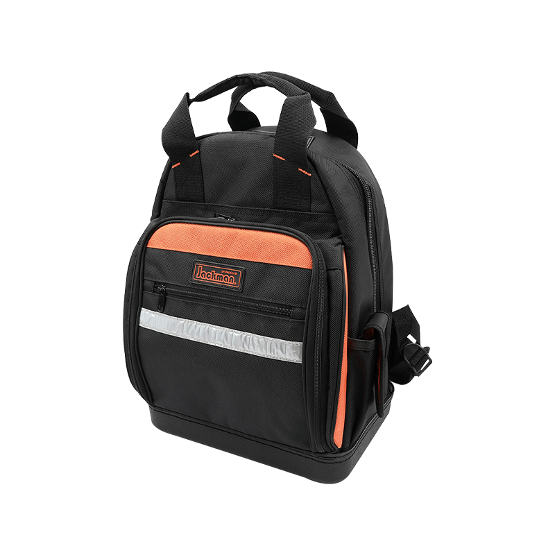 MOCHILA MULTIUSOS PARA HERRAMIENTAS CON FONDO DE PP RECTÁNGULO ANTIDESLIZANTE IMPERMEABLE, SERIE 600 NEGRO/NARANJA Y BANDA REFLECTANTE, FABRICADA EN 1680D JKB-63214