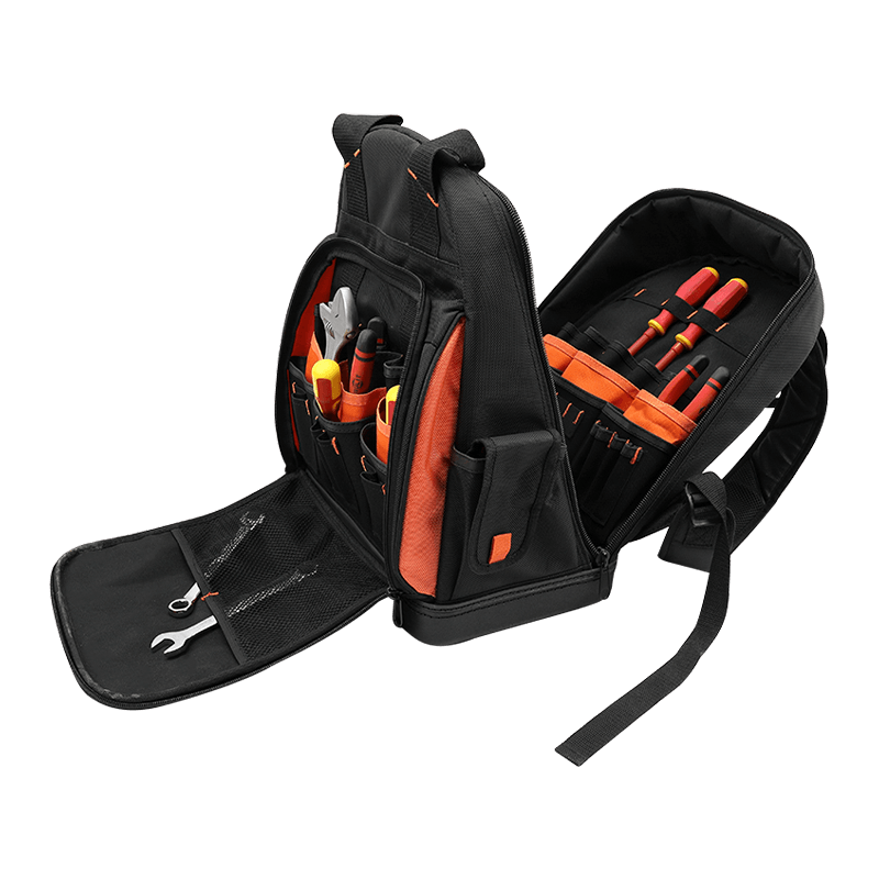 MOCHILA MULTIUSOS PARA HERRAMIENTAS CON FONDO DE PP RECTÁNGULO ANTIDESLIZANTE IMPERMEABLE, SERIE 600 NEGRO/NARANJA Y BANDA REFLECTANTE, FABRICADA EN 1680D JKB-63214