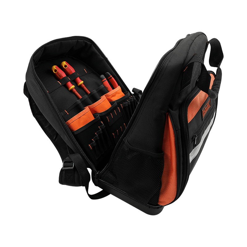 MOCHILA MULTIUSOS PARA HERRAMIENTAS CON FONDO DE PP RECTÁNGULO ANTIDESLIZANTE IMPERMEABLE, SERIE 600 NEGRO/NARANJA Y BANDA REFLECTANTE, FABRICADA EN 1680D JKB-63214