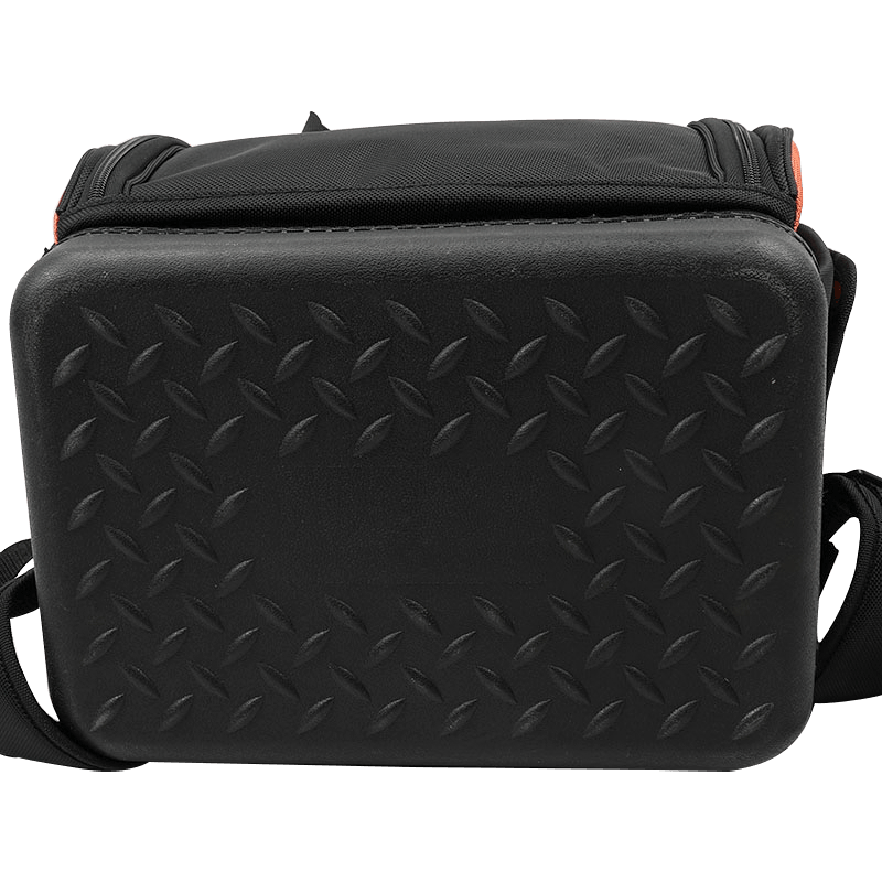 MOCHILA MULTIUSOS PARA HERRAMIENTAS CON FONDO DE PP RECTÁNGULO ANTIDESLIZANTE IMPERMEABLE, SERIE 600 NEGRO/NARANJA Y BANDA REFLECTANTE, FABRICADA EN 1680D JKB-63214